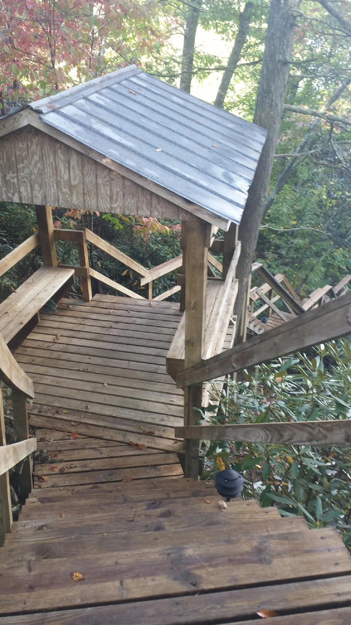 Metal roofed shelter over wooden steps on a wooded walkway — Skylight Repair & Installation work by our crew in Elderton